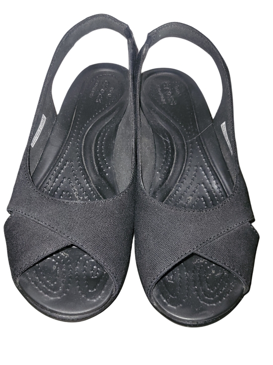 CROCS Shoes - Crocs Leigh Ann Black Canvas Slingback Peep-Toe Wedge Sandals Size 6W